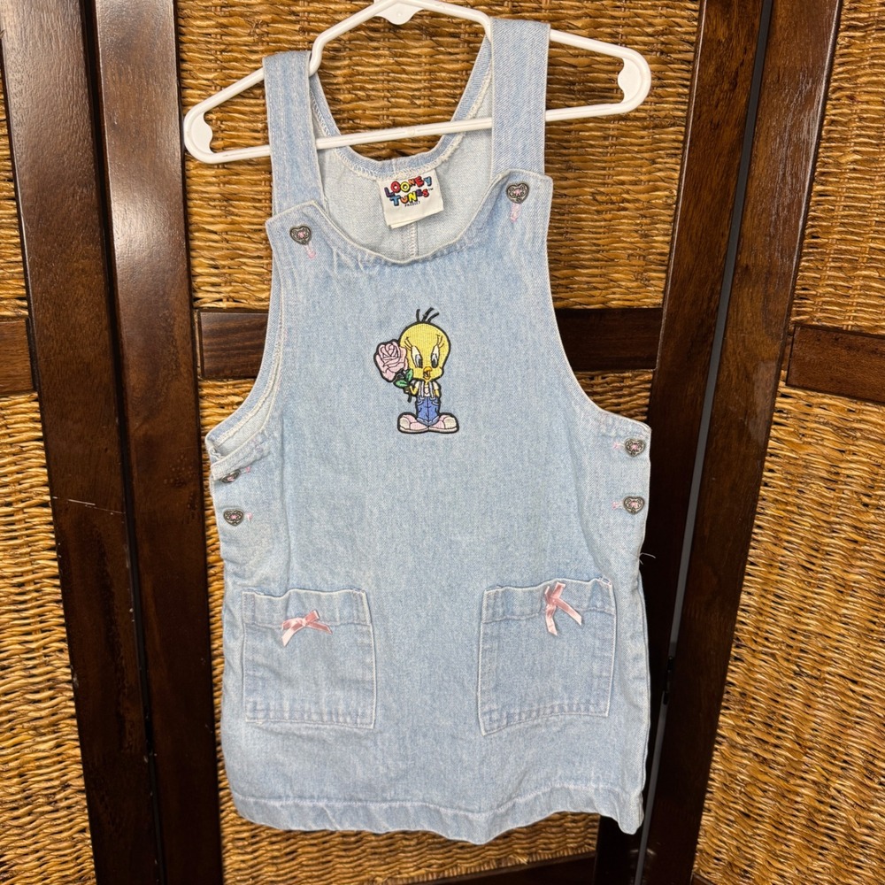 Vintage 1995 Looney Tunes Tweety Bird Denim Jumper Dress Light Wash Size 4